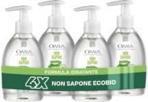 Omia Non Sapone Eco Bio con Aloe Vera del Salento, Sapone Liquido per le Mani e per il Viso, Azione Idratante, Addolcente e Rinfrescante, Confezione da 4 Pezzi, Flaconi da 300 ml
