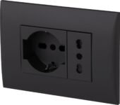 Electraline 22111 Blocco presa da incasso/Set Placca Premontata 2 posti (1 Presa universale P40 + 1 Presa Bivalente 10/16A), due viti di montaggio, Nero