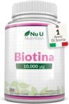 Biotina 10000 mcg – 365 Compresse Vegane – 1 Anno di Trattamento – Integratore per Crescita Capelli, Unghie & Pelle – Prodotto in Europa – Nu U Nutrition