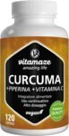 Curcuma e Piperina Plus 1440 mg con Vitamina C ad Alto Dosaggio, L’Estratto 95% da Curcumina e Piperina Pura, 120 Curcuma Capsule Vegan, Turmeric Curcumin. Qualità Tedesca. Vitamaze®