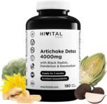 Carciofo Detox 4000 mg. 180 capsule vegane per 3 mesi di trattamento. Con Carciofo, Ravanello Nero, Tarassaco e Desmodium. Prodotto in Europa da HIVITAL