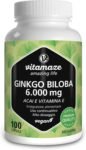 Ginkgo Biloba Complex 6000 mg (50:1) con L Carnitina + Vitamina E e Estratto de Acai, Alto Dosaggio & Vegano, 100 Capsule, Integratore Senza Additivi non Necessari, Qualità Tedesca, Vitamaze