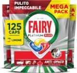 Fairy Platinum Detersivo Pastiglie Lavastoviglie Plus Complete, Brillantante, 125 Capsule, Limone, Tecnologia Anti-Opaco, Contro Il Grasso e le Incrostazioni Ostinate Anche Nei Cicli Brevi