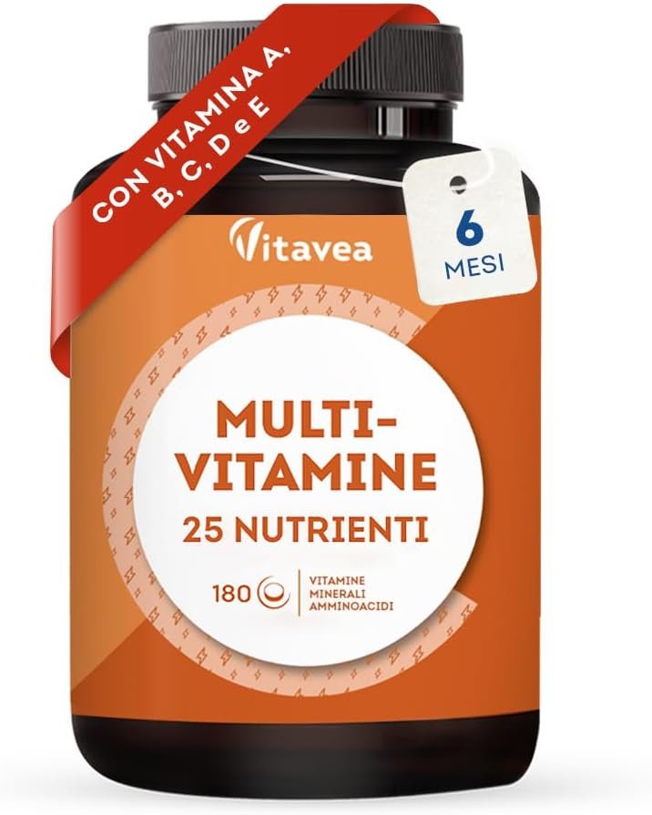 Integratore Multivitaminico – 25 Vitamine Minerali e Amminoacidi – Integratore Multivitaminico Uomo Donna – Difese Immunitarie – Multivitaminico Completo con Vitamine B, A, C, D, E – 6 Mesi – Vitavea