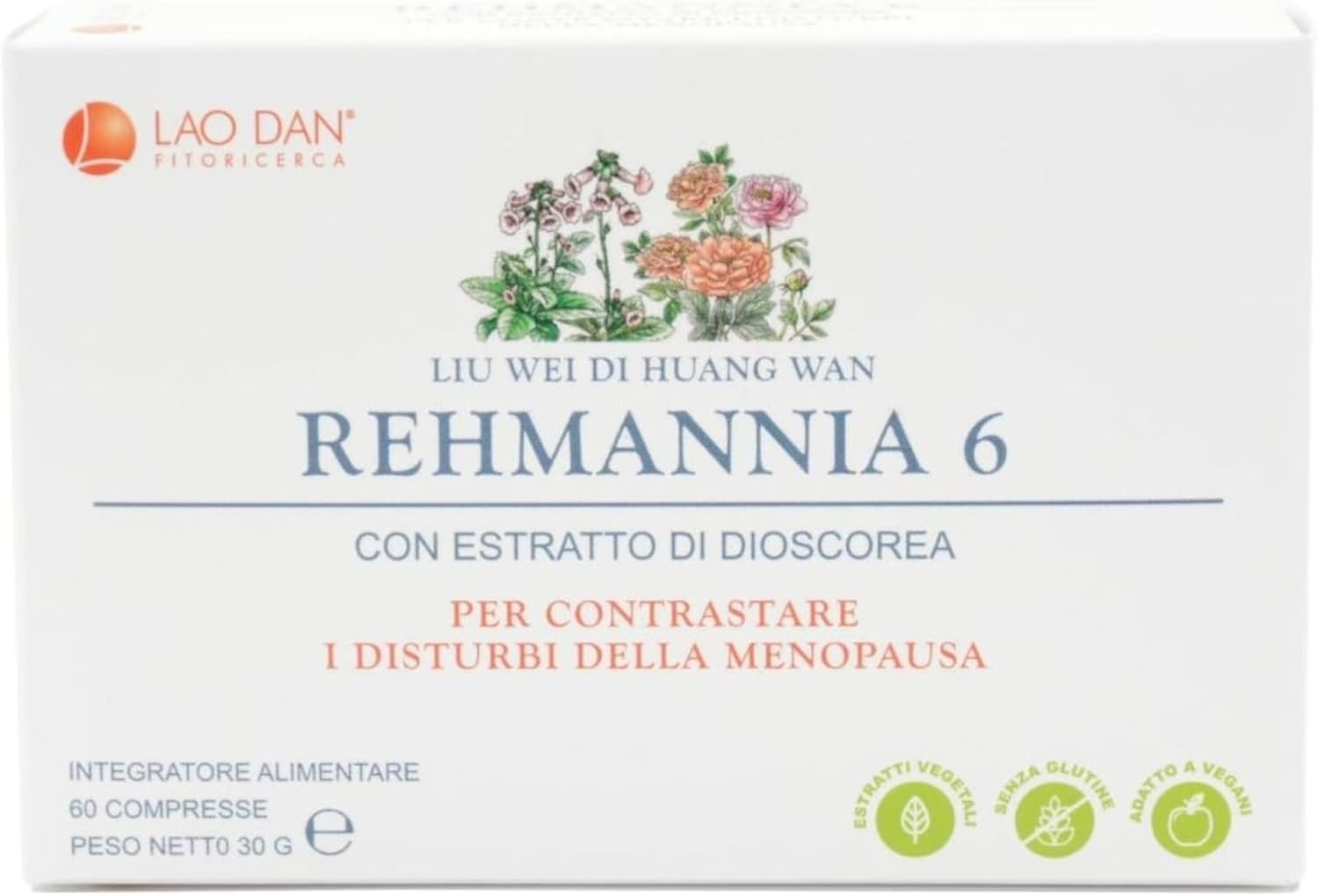 REHMANNIA 6 Lao Dan®, Integratore Menopausa Naturale, Vampate Menopausa Rimedi con Formula Tradizionale Cinese per Ormoni Femminili, Integratori Ciclo Mestruale 100% Estratti Puri, Made in Italy