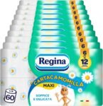 Regina Cartacamomilla – 60 Rotoli di Carta Igienica, 300 Soffici Fogli a 3 Veli, Delicata e Consistente, Profumo di Camomilla, Confezione in Carta Riciclabile, 100% Certificata FSC