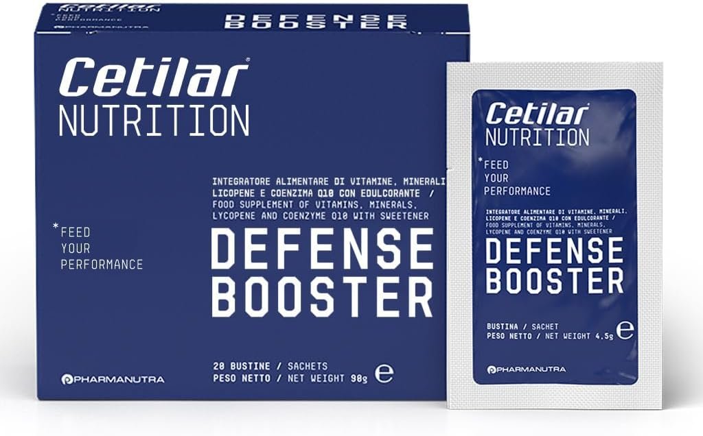 Integratore alimentare Cetilar Nutrition DEFENSE BOOSTER, con 6 vitamine, minerali, Coenzima Q10 e Licopene, Supporta le difese immunitarie, Ideale per sport di endurance e/o outdoor, 20 bustine