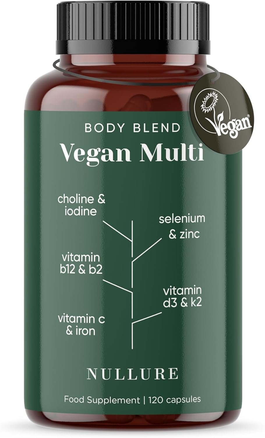 Nullure Multivitaminico Completo Vegano – 4 mesi | Integratori Vitamine Vegani – Formulato per dieta vegana | Vitamina B12 + Vitamin D3 K2 vegan + Ferro + Iodio + Zinco + Selenio e Colina