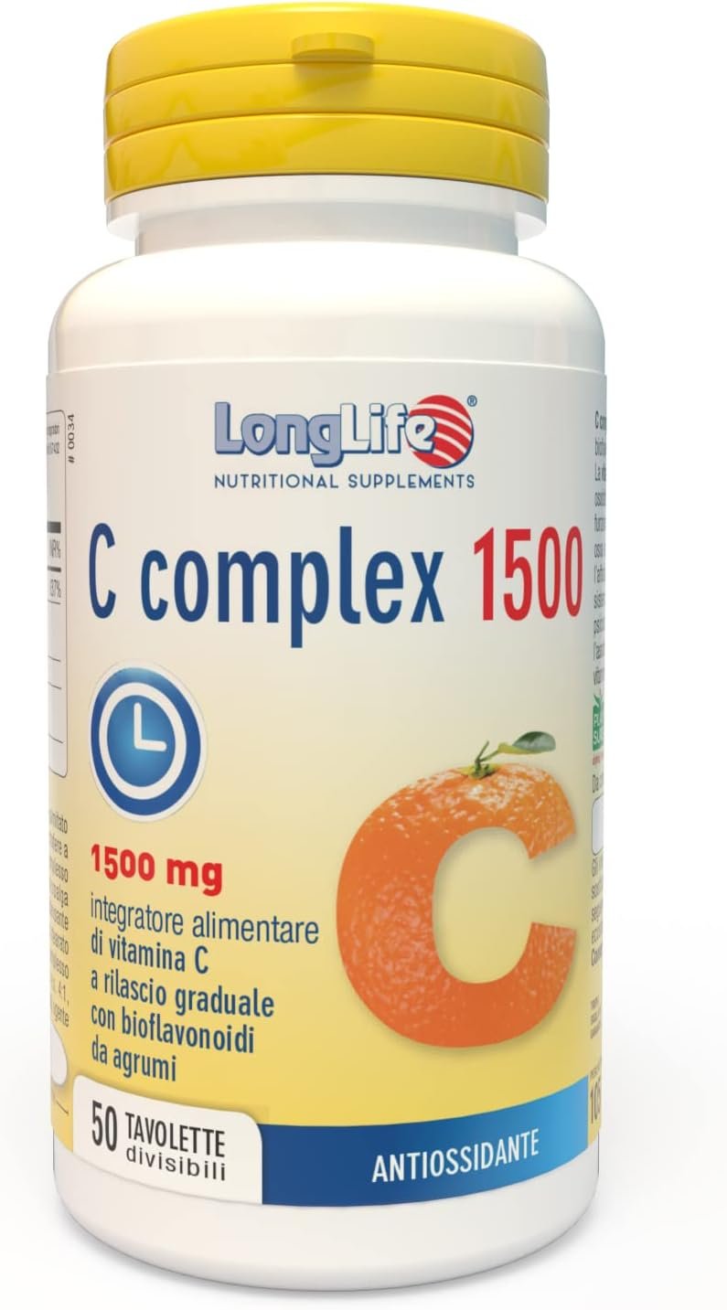 LongLife® C complex 1500 | Vitamina C 1500mg rilascio graduale | Alto dosaggio | Con bioflavonoidi da agrumi e quercetina | Difese immunitarie | 100 giorni di trattamento | Senza glutine e vegano