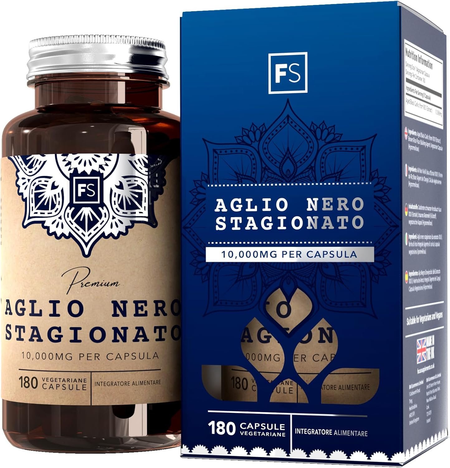 FS Aglio Nero Capsule | 180 Integratore Aglio Capsule ad Alta Potenza – 10.000mg Black Garlic Nero Fermentato per Capsula | Non-OGM, Senza Glutine e Allergeni | Prodotto nel RU