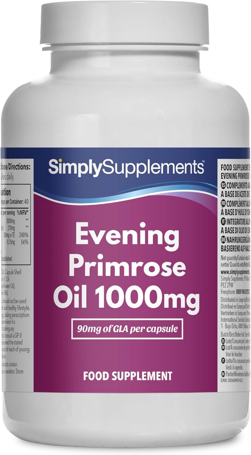 Olio di Enotera Super Forte 1000mg | 120 Capsule a Rilascio Rapido | Supporto per l’Equilibrio Ormonale, Formula per una Pelle Sana con Vitamina B6 | Approvato GMP | Prodotto nel Regno Unito
