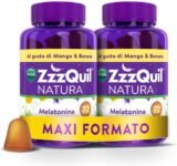 ZzzQuil Natura, Melatonina Per Dormire, Integratore con Melatonina pura ed Estratti Di Valeriana, Camomilla e Lavanda, Maxi Formato 2×72 Pastiglie Gommose, Gusto Mango e Banana