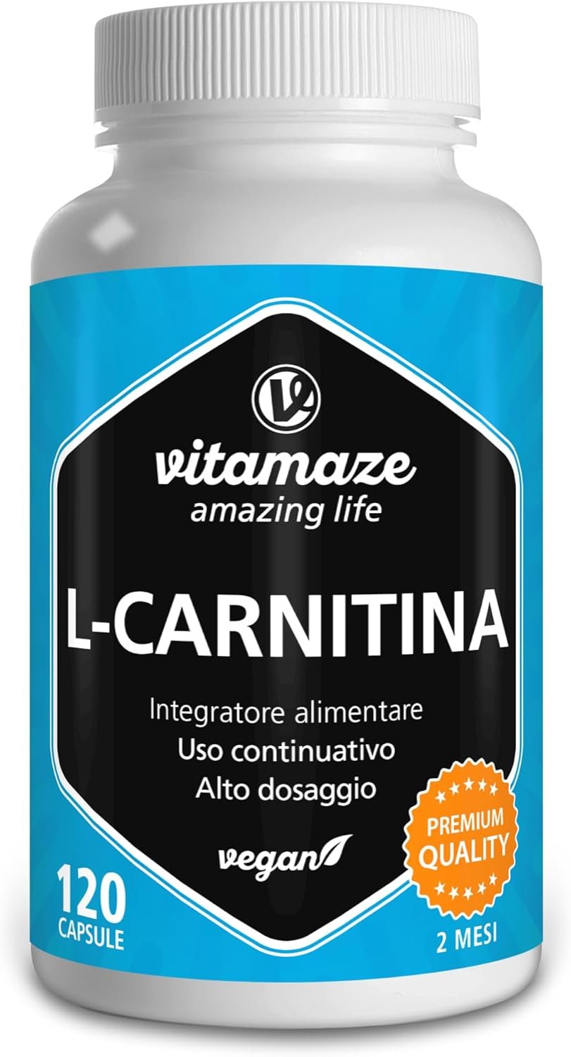 L Carnitina 1000 mg ad Alto Dosaggio di L Carnitina Brucia Grassi Potente Pura al Giorno, 120 Capsule Vegan per 2 Mesi, Integratore Naturale senza Additivi. Qualitá Tedesca, Vitamaze®