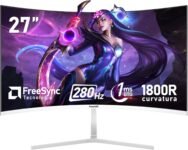 Gawfolk 27 pollici 280Hz curvo monitor per computer da gioco, 1800R，FHD 1080P, 98% sRGB, 1ms，FreeSync，178 ° grandangolo,HDMI、DisplayPort，Compatibile con il montaggio a parete 100 * 100mm – bianco