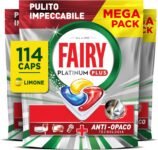 Fairy Platinum Plus Pastiglie Lavastoviglie, 114 Capsule, Limone, Detersivo Con Tecnologia Anti-Opaco, Contro Grasso e Incrostazioni Ostinate Anche nei Cicli Brevi