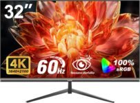 Gawfolk Monitor per computer 32 pollici 4K UHD, schermo ultra chiaro (3840×2160p), 100% sRGB, angolo di visione di 178 °, HDMI, porta display, compatibile con montaggio a parete 100 * 100 mm – nero