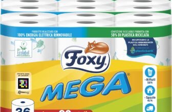 Foxy Mega | Carta igienica 36 rotoli| 480 strappi| Decorata |100% Energia elettrica rinnovabile| Confezione prodotta con plastica riciclata
