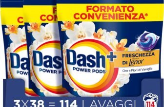 Dash Power Pods Detersivo Lavatrice In Capsule, 114 Lavaggi (38×3), Freschezza Di Lenor, Oro e Fiori di Vaniglia, Freschezza che dura 7 Giorni, Pulizia Impeccabile