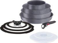 Lagostina Ingenio Mineralis Eco Non-Stick Frying Pan Set in 100% Recycled Aluminium, Suitable for Induction, 10 Pieces, Saucepan 16 cm, Frying Pan 28 cm, Saucepan 24 cm, Wok 26 cm, 5 Lids and Handle